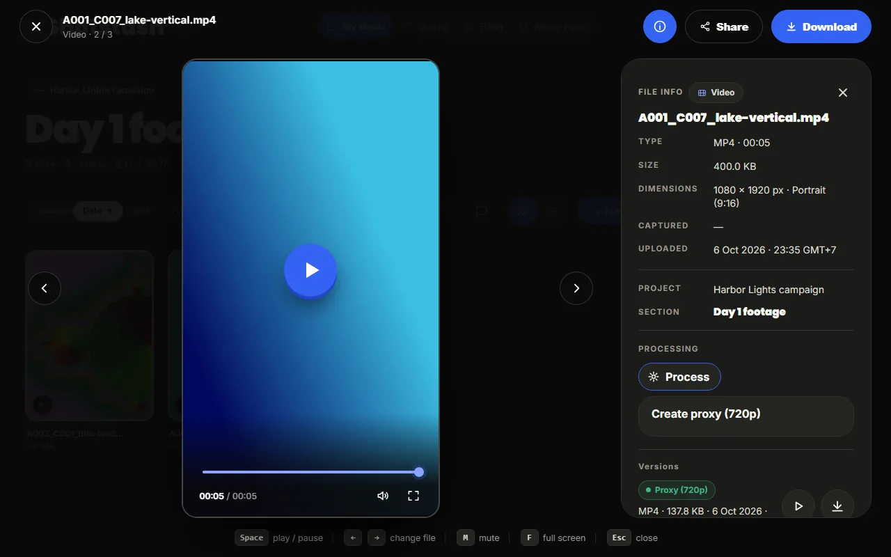 The viewer details of a vertical video with the Process menu open on Create proxy (720p) and a finished Proxy (720p) version