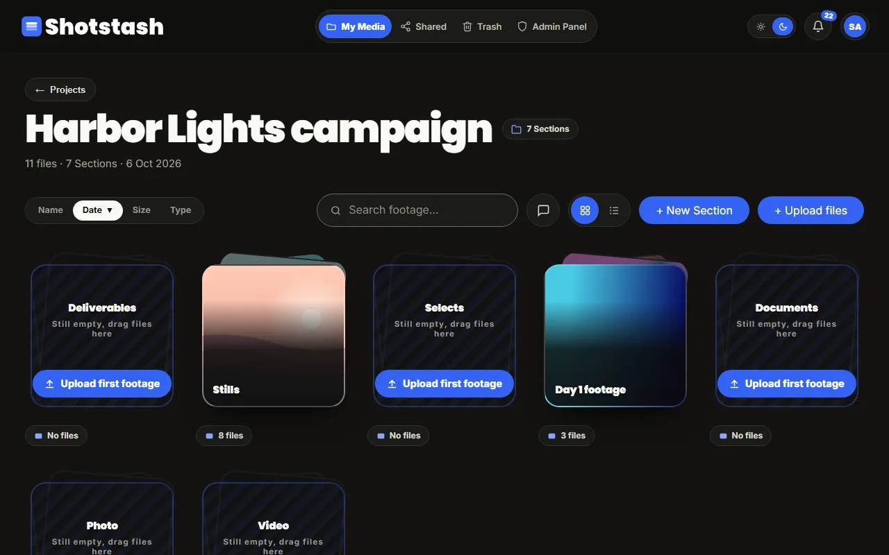The Harbor Lights campaign project with its sections: Deliverables, Stills, Selects, Day 1 footage and more
