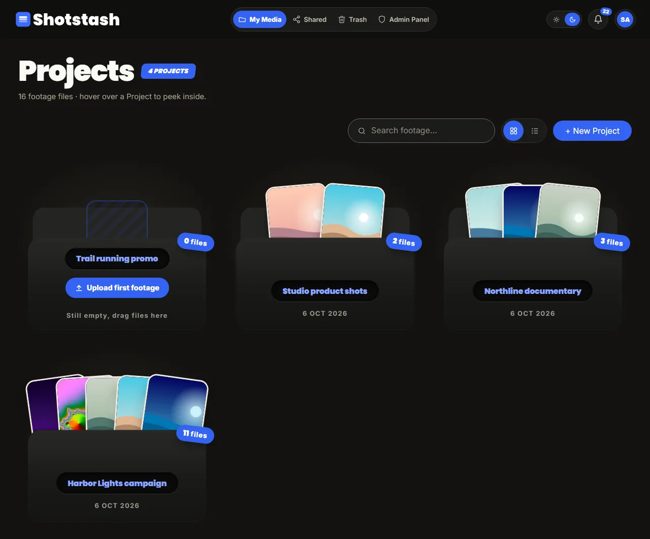 The Projects page with four project folders, each showing previews of its files