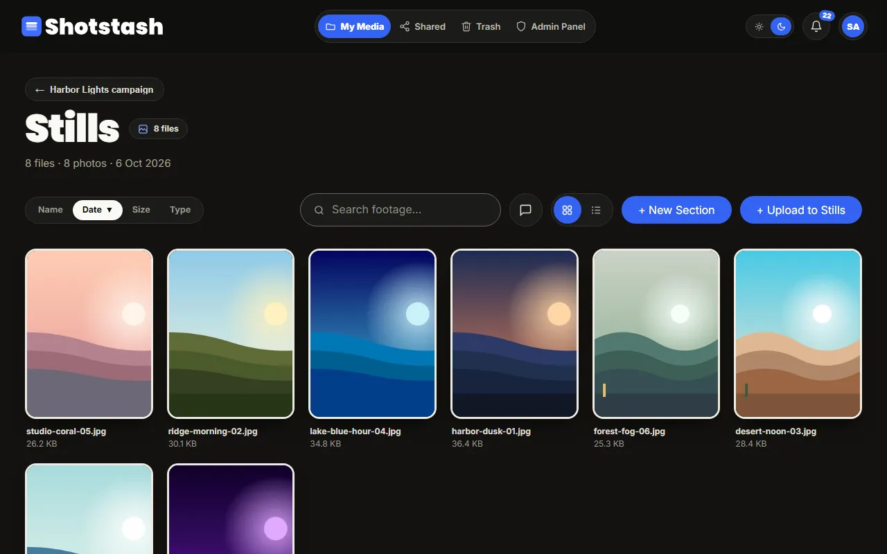 The Stills section in grid view: eight landscape images with their names and sizes