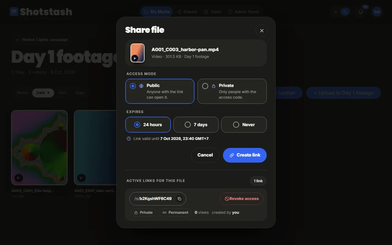 The Share file dialog with the access mode, the expiry and the links that already exist for this file