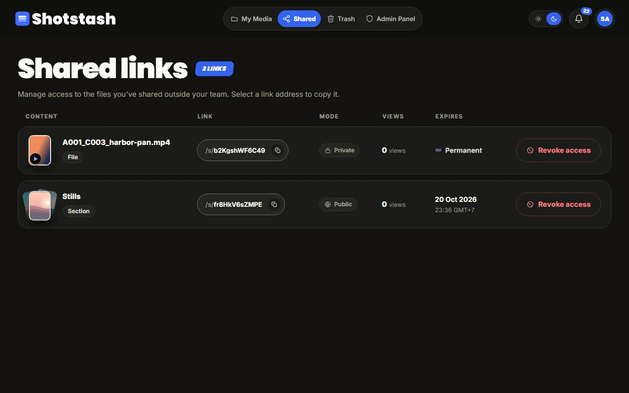 The Shared links page listing a private file link and a public section link with views and expiry