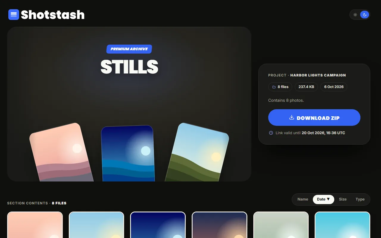 The public share page of the Stills section, with previews, the file count and a Download ZIP button