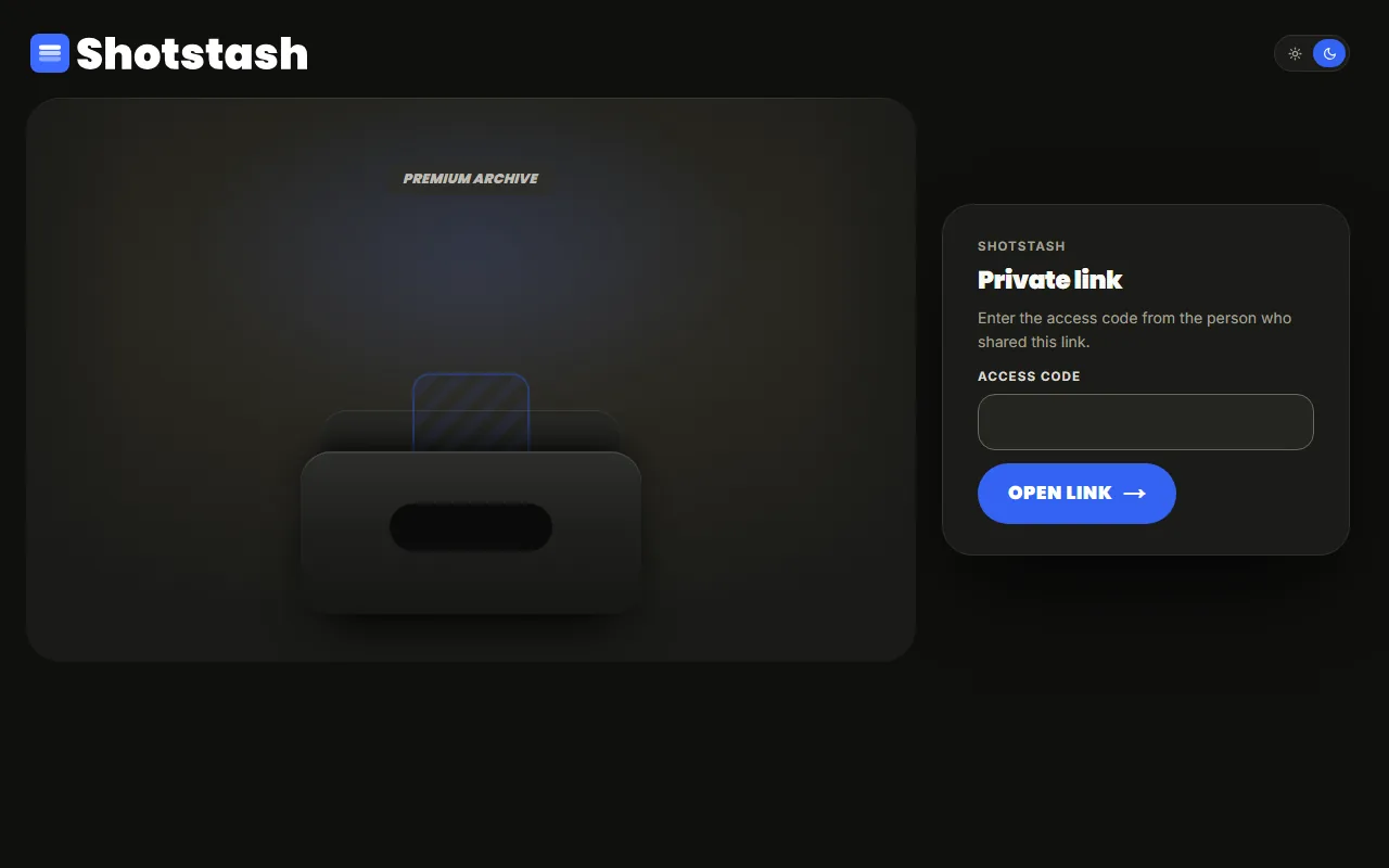 The private link page asking for the access code before showing anything