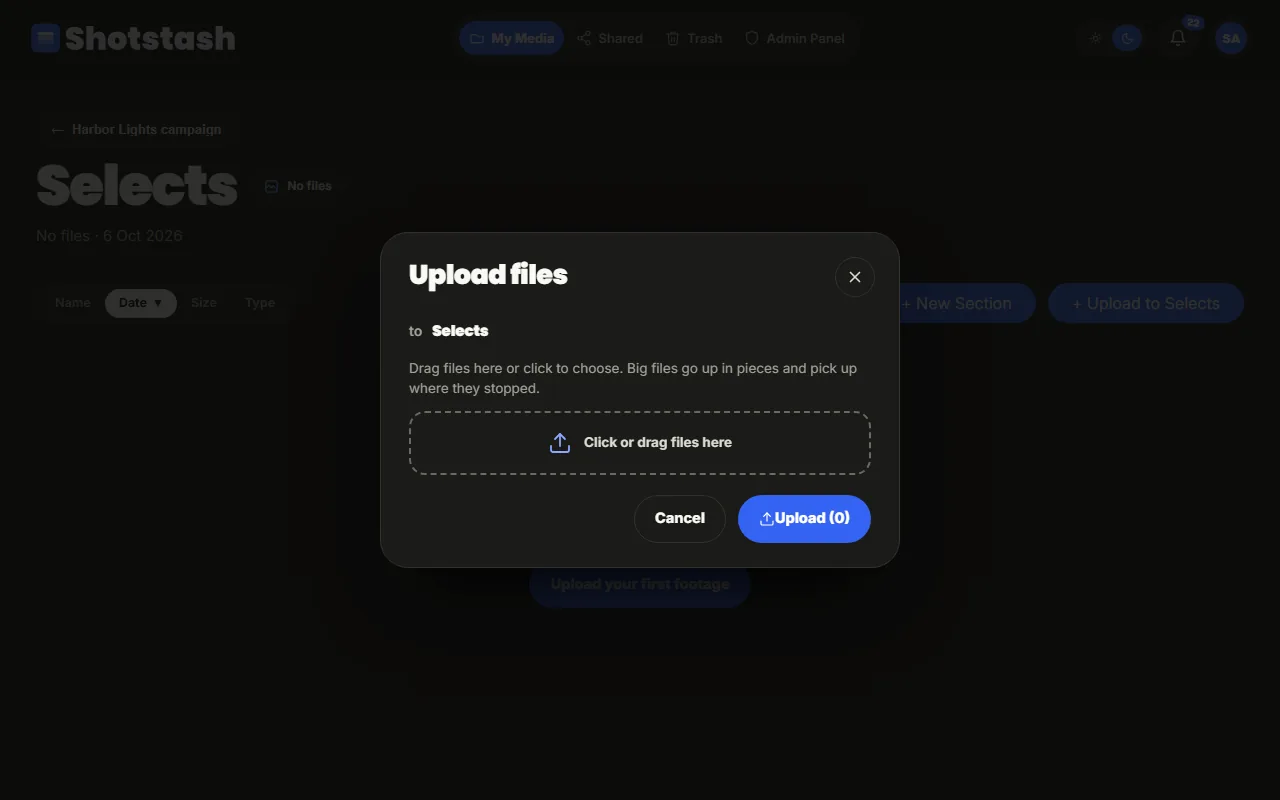 The Upload files dialog for the Selects section, with a drop area and the Upload button